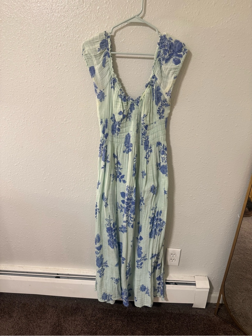 Free People Mint Green Maxi Dress with Blue Floral Print